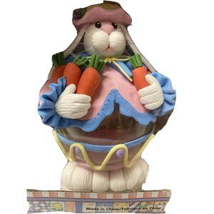 Easter Bunny Rabbit Glass Ball Polymer Clay White Pink Flowers‎ Figure Décor 8"
